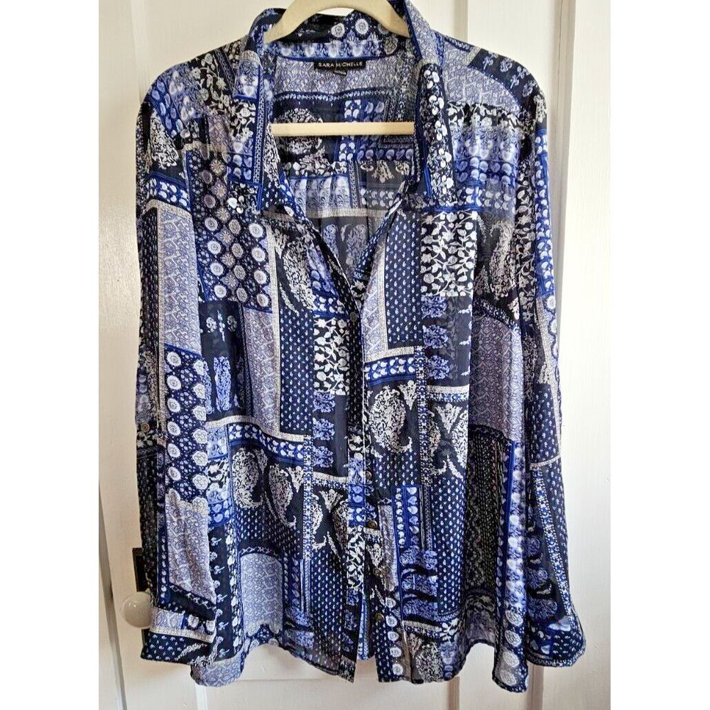 Sara Michell women roll tab‎ sleeves  button up blue sheer blouse long sleeve 3X